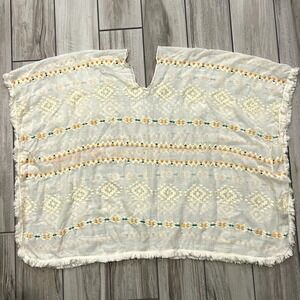 Unbranded Poncho Top Women One Size Cream Embroidered Boho Fringe Good Condition